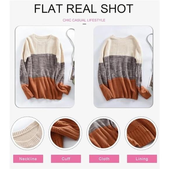 Women's Color Block Sweaters Long Sleeve Crewneck Pullover Knitted Jumper Tops - Picture 4 of 5